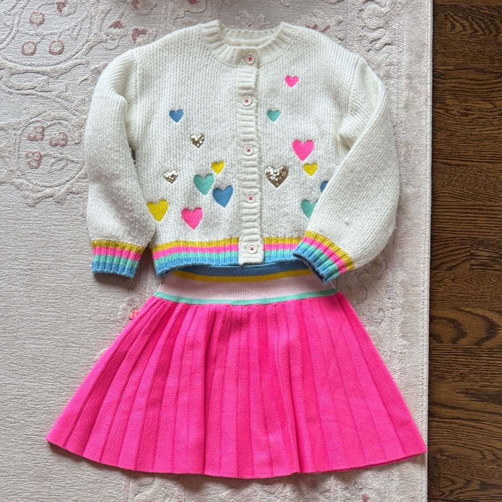 Billieblush Girls White Cardigan and Bright Pink Pleated Skirt Matching Set